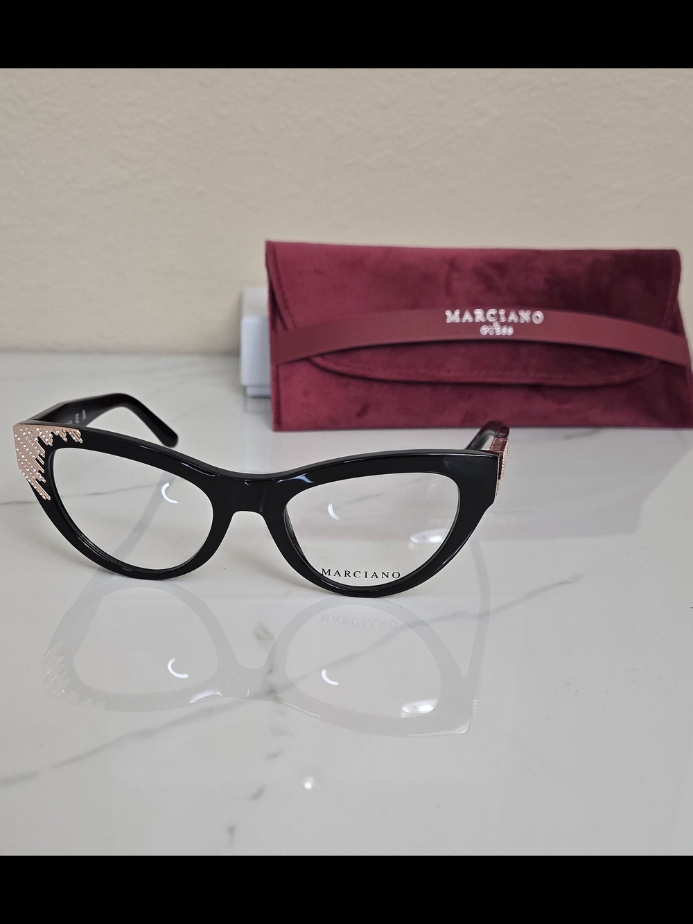 Marciano Black Cat-Eye Eyeglass Frames with Rose Gold Accents